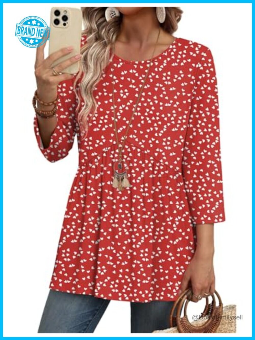 3/4 Sleeve Babydoll Tunic Top Women's Loose Fit Flowy Blouse